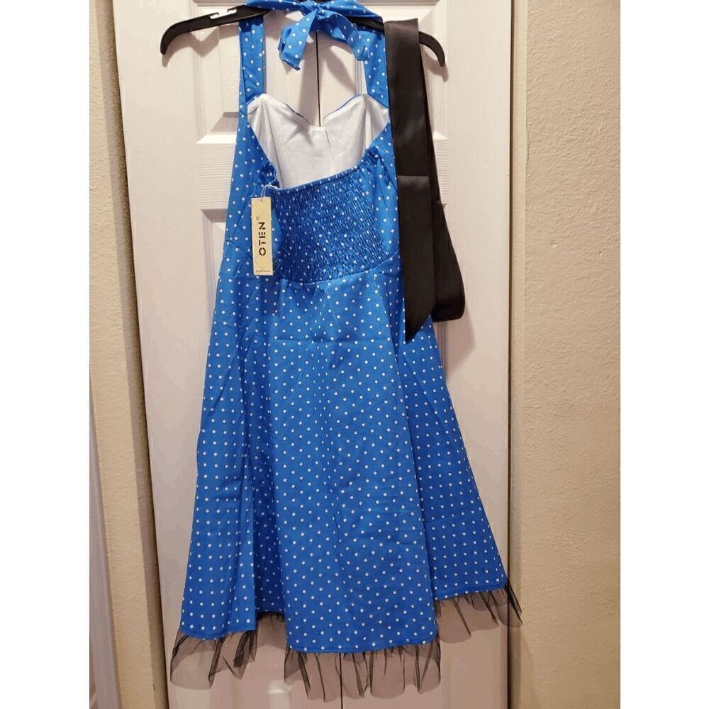 💙 NWT Pinup Retro 1950s Blue Polka Dot Tulle Hem Halter Tea Dress with Belt M - Picture 10 of 14